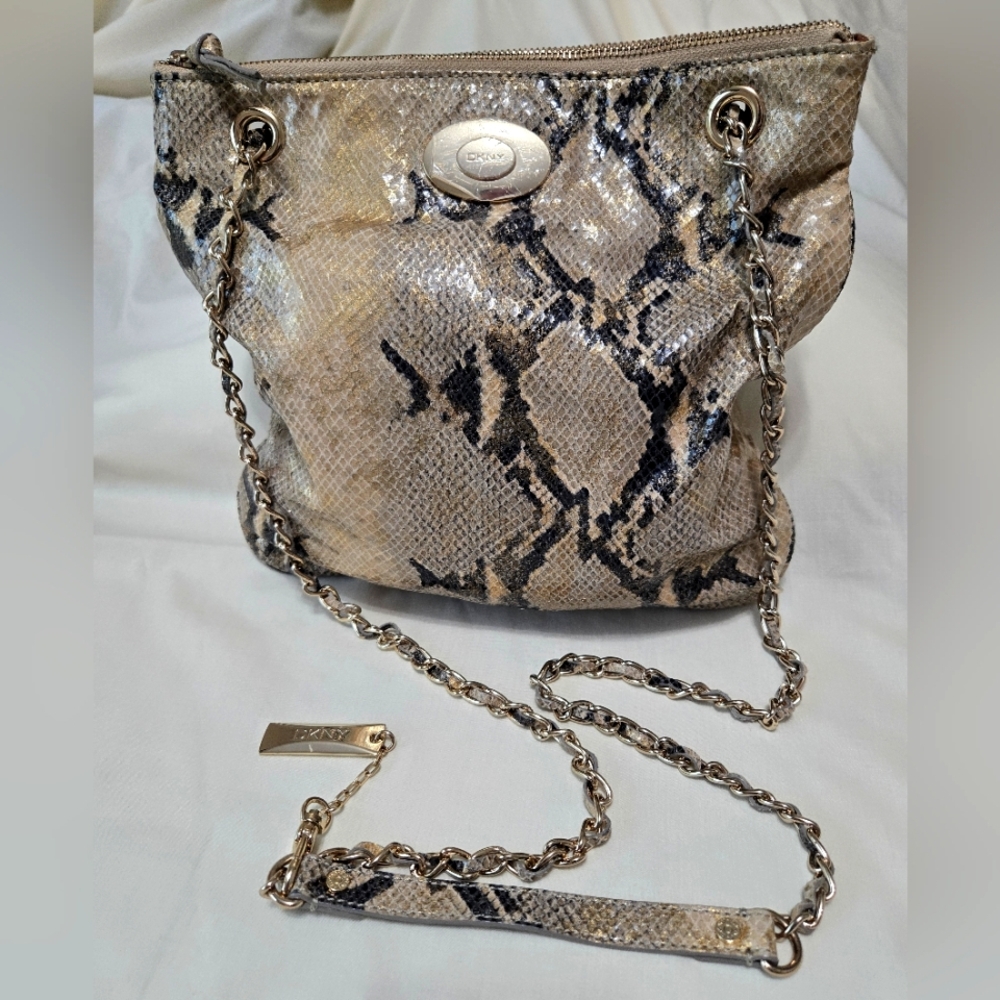DKNY Tan and Black Metallic Snakeskin Shoulder Bag New without Tags